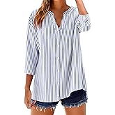 LOMON Cotton 3/4 Sleeve Button Down Shirts for Women Gingham Plaid Striped Tops V Neck Casual Loose Blouse