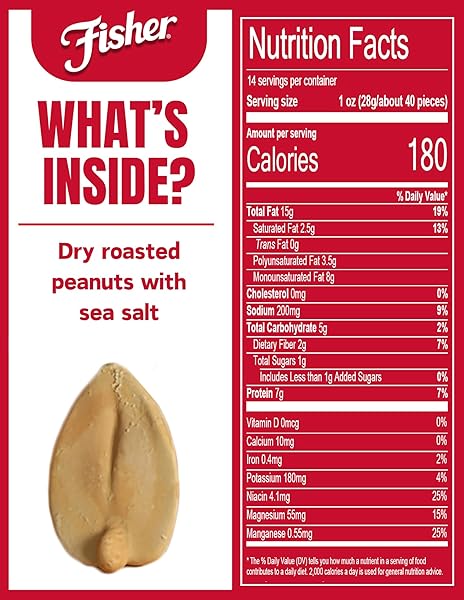 FISHER SNACK SEA SALT DRY ROASTED PEANUTS, 14 OZ
