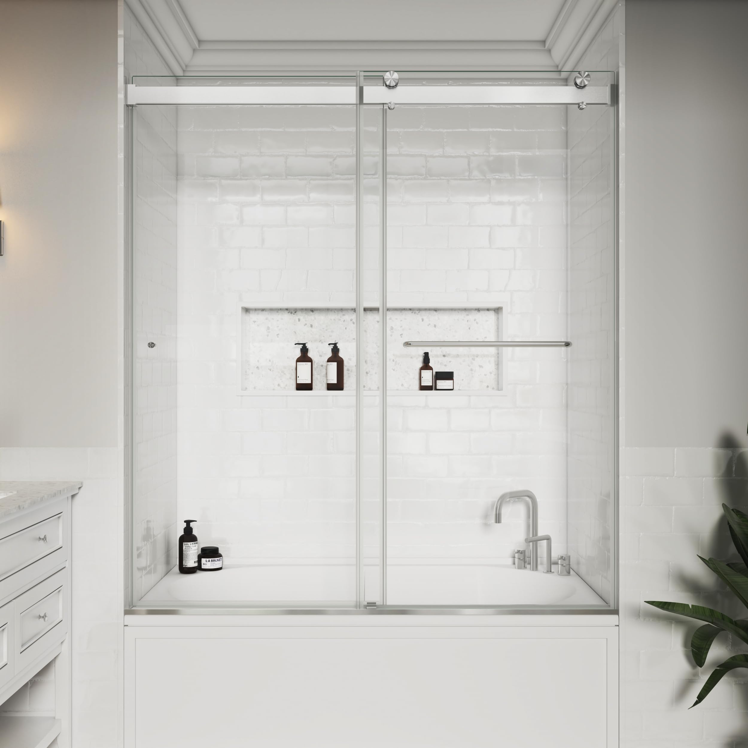View 1 of *** SEE NOTES *** FEKEWIO Bathtub Shower Doors Frameless 56-60" W x 66" H Width Adjustable 5/16"(8mm) Double Sliding Glass Tub Door Stainless Steel Hardware (Brushed Nickel)