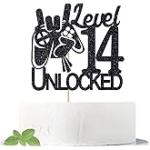 Cos mos Video Game Level 14 Unlocked Birthday Cake Topper Black Glitter Boys 14th Birthday Cake Decorations Level Up Winner Party Decoration Supplies