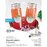 Avery Durable Waterproof Labels, Sure Feed Technology, 2" Diameter, Matte White, Laser/Pigment-Inkjet Printable, 96 Blank Labels, Great for Food Containers, Product Merchandising, and More (5657)