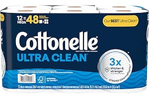 Cottonelle Toilet Paper, 12 Mega Rolls = 48 Regular Rolls, Ultra Clean, Strong Bathroom Tissue, 284 Sheets per Roll, Packagin