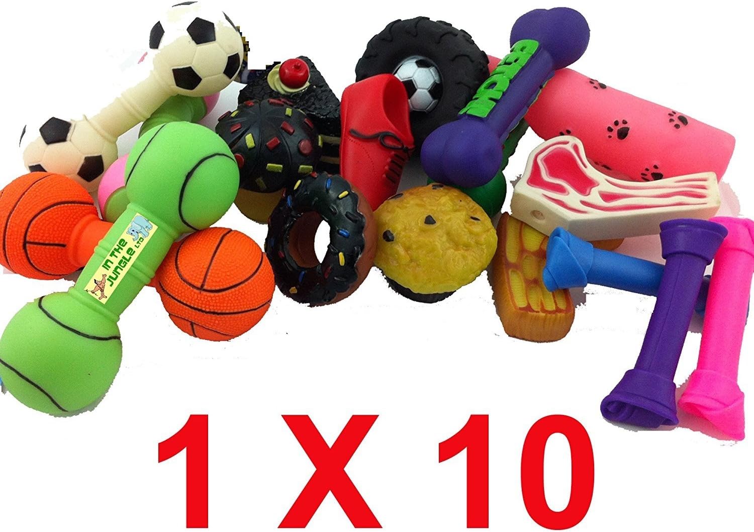 Bumper Selection of Squeaky Vinyl Dog Toys Pack of 10 Medium