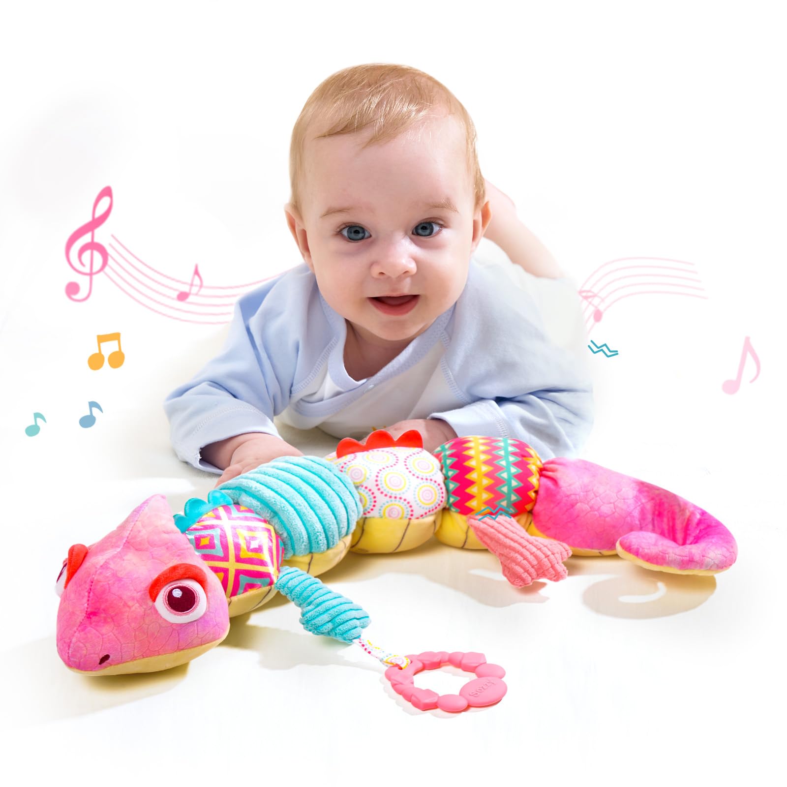 Musical Baby Sensory Toys 0-6 Months - Soft Plush Stuffed Animal with Crinkle, Rattle & Textures for Baby Girls