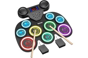 INKZOO 7-Color Dynamic LED Lights Electric Drum Set, 9-Pad Electronic Drum Set Bluetooth MIDI Support, Extra-thick Electric Drum Pads for Better Rebound, Perfect Christmas/Birthday Gift for Kids