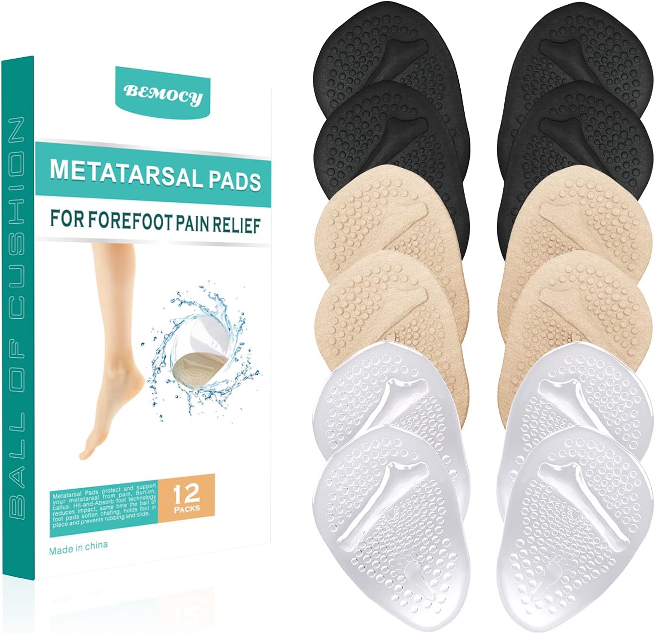 (12PCS) Ball of Foot Cushions, Metatarsal Pads/Cushion, Soft Gel Insole Pads High Heel Inserts Reusable Forefoot Cushions Best for Mortons Neuroma and Metatarsal Foot Pain Relief for Men and Women: Health & Personal Care