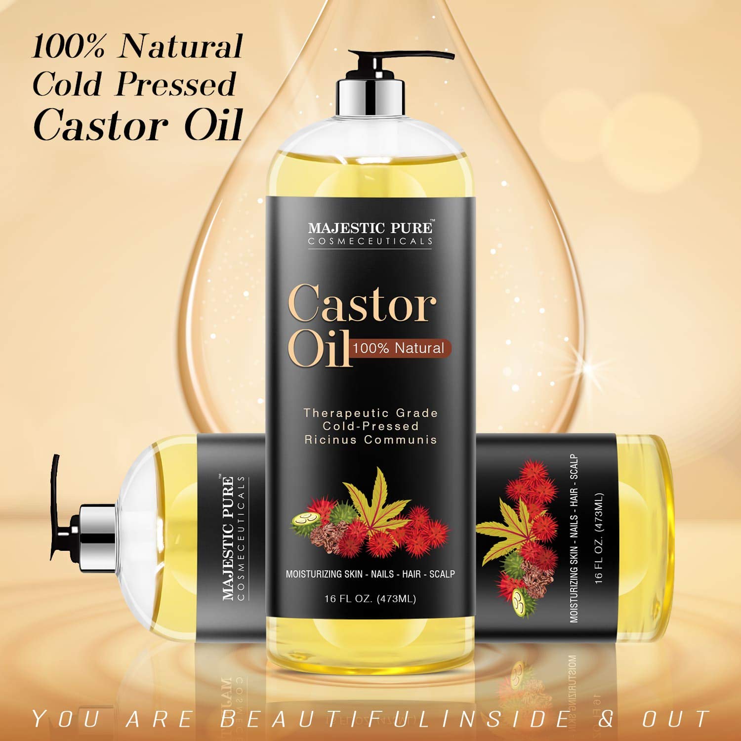 Majestic Pure Castor Oil, 100% Natural Wonder Oil with Numerous Hair, Scalp, Skin and Nails Benefits - Packaging May Vary- 16 fl oz : Beauty