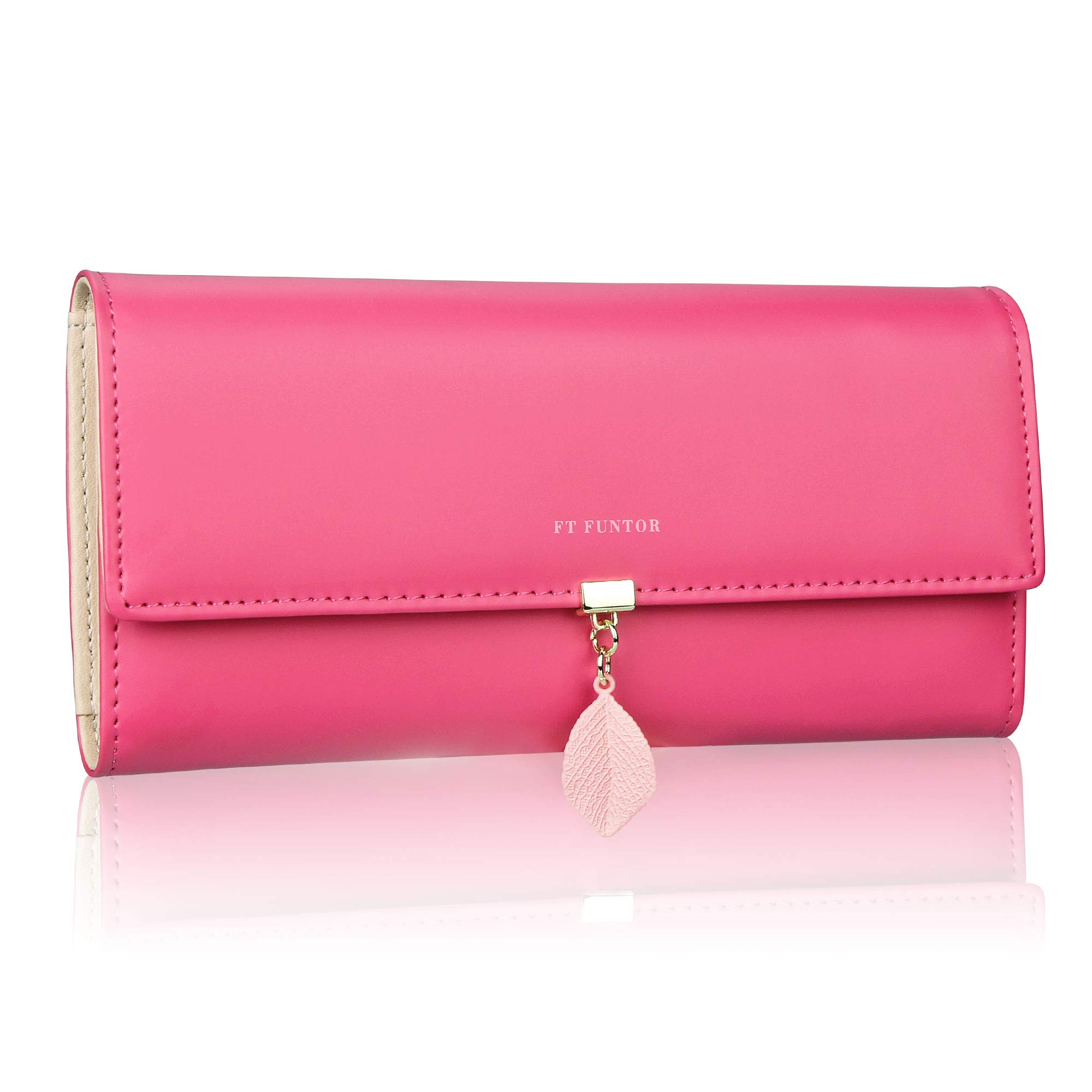 FT FUNTOR PU Leather Wallet for Women RFID Blocking Ladies Leaf Pendant Coin Zipper Long Purse with Multiple Card Slots and Card Holders Phone Pocket (L-Rose Red)