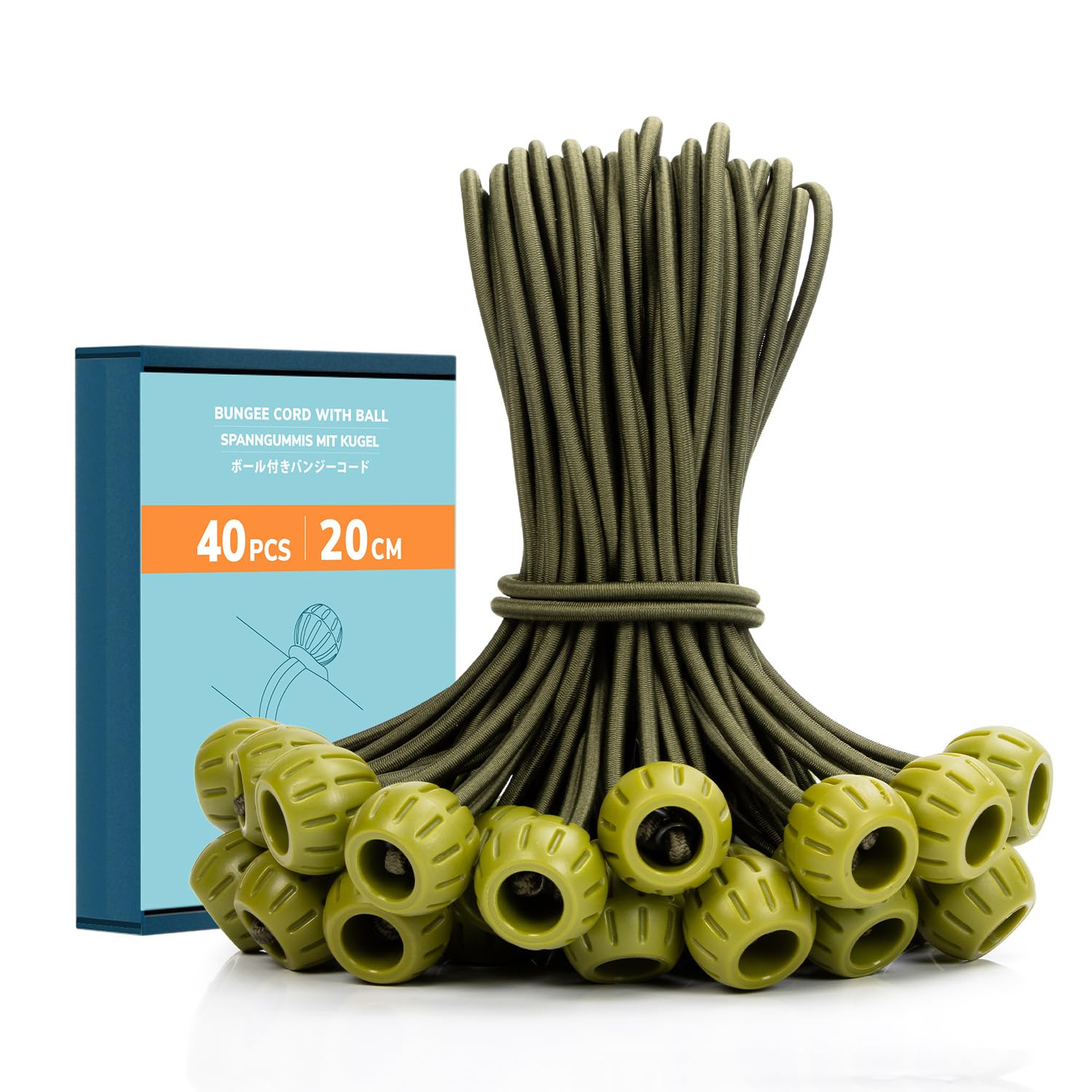 Abma Cord Bungee Cords with Balls 40Pcs x 20cm Bungee Ties with Ball Heavy Duty Tarpaulin Ball Bungee for Tarpaulin, Tent, Banners and Fixing - Army Green