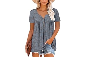 Mystry Zone Womens Henley V Neck Casual Blouse Button Down T Shirts Flare and Flowy Tops
