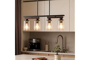 GHCKER 4-Light Kitchen Island Lighting & Farmhouse Dining Room Light Fixtures Over Table, Adjustable Rustic Ceiling Hanging Pendant Linear Chandelier - Rotating Design, Customizable Shapes, Clear Glass