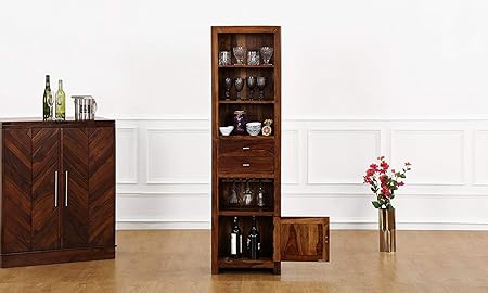 Jiya Creation Bar Cabinet | Wine Rack with Glass Storage | Bar Unit for Home Decor (Sheesham Wood) (Teak Shade)