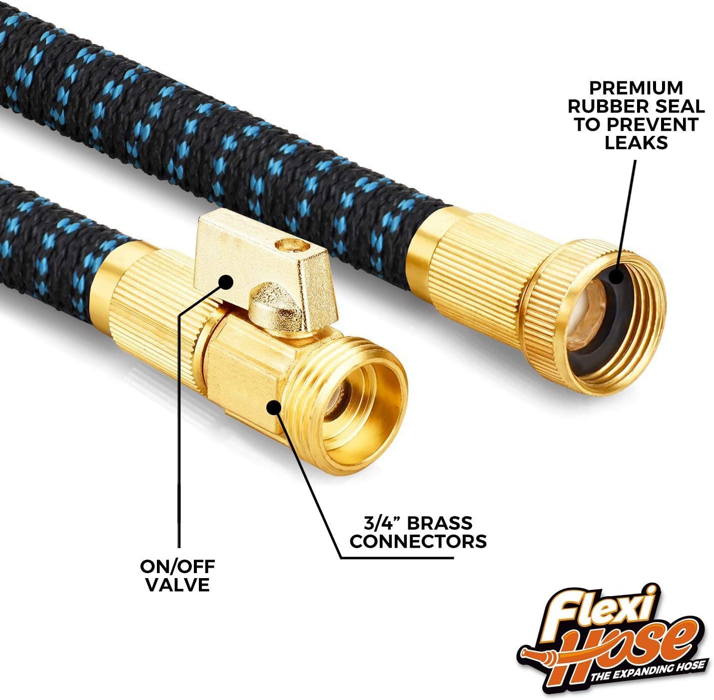 Flexi Hose Lightweight Expandable Garden Hose | No-Kink Flexibility - Extra Strength with 3/4 Inch Solid Brass Fittings & Double Latex Core | Rot, Crack, Leak Resistant (50 FT, Blue/Black) : Garden & Outdoor