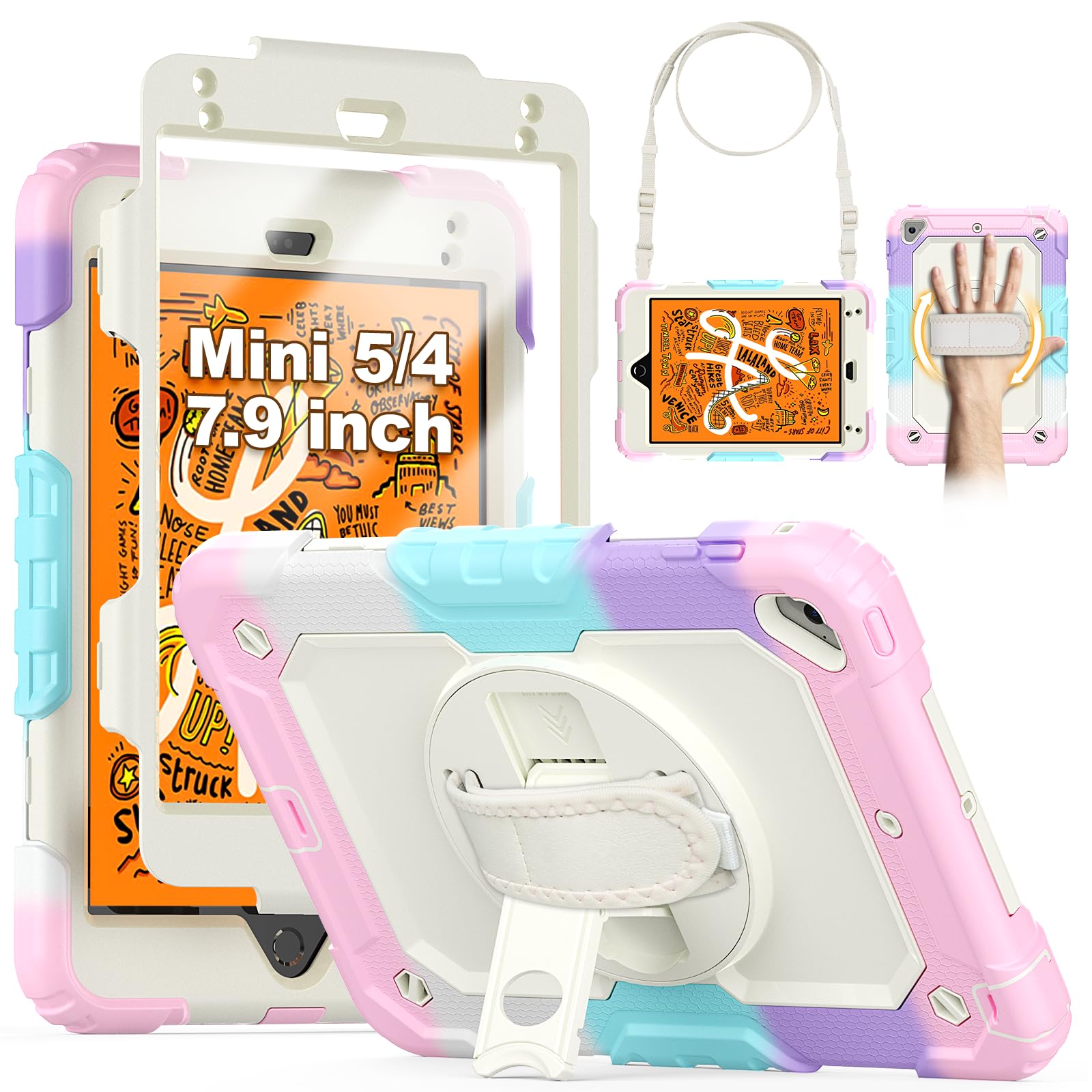 SEYMCY Kids Case for iPad mini 5/4 (7.9-Inch 2019/2015 Model), Full-body Shockproof with Screen Protector, Rotating Hand Strap & Stand, Pencil Holder, Shoulder Strap for iPad mini 5th/4th Gen, Pink