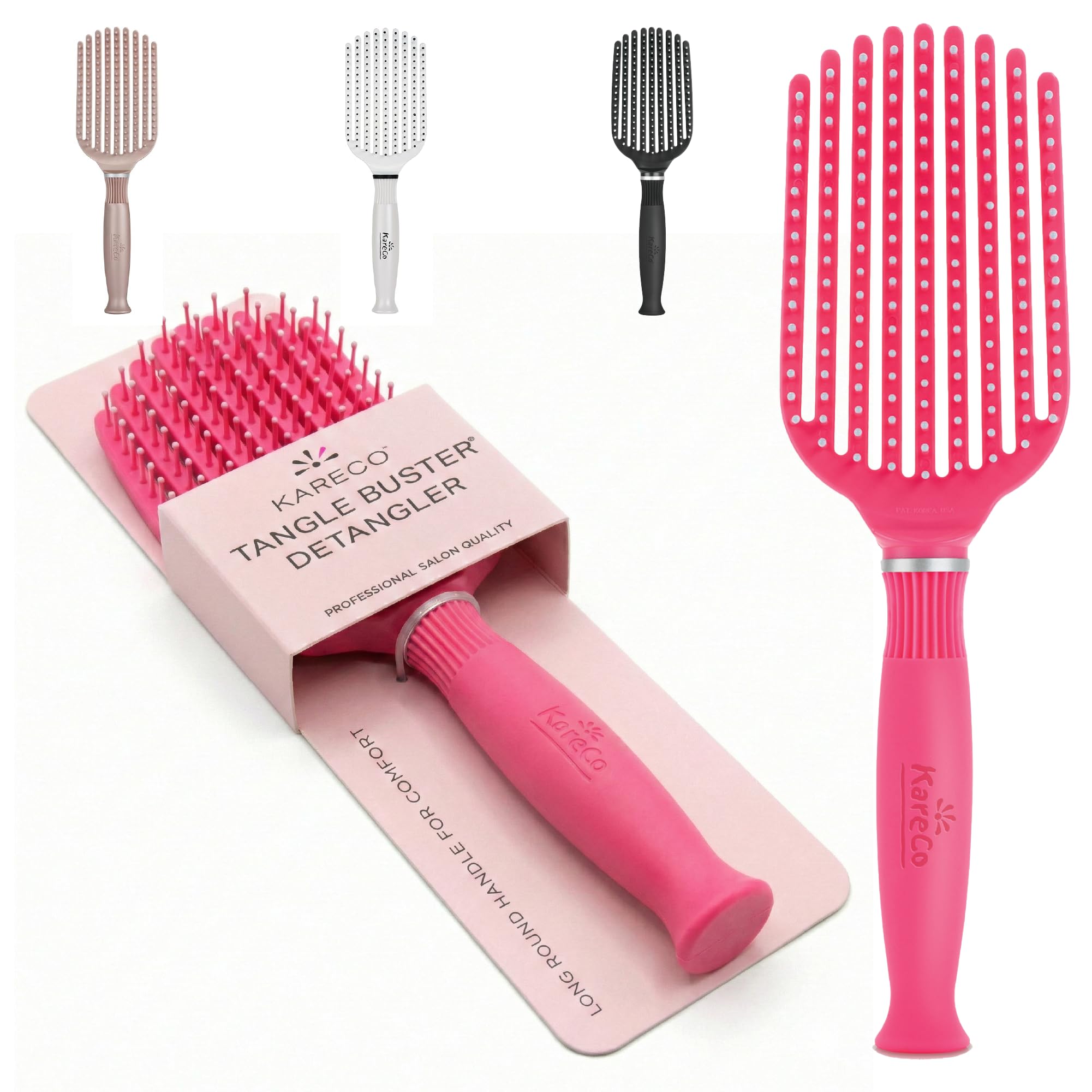 KareCo Tangle Buster Brush For Sensitive Scalps, Gently Massages & Eliminates Knots, Easy Glide Brushing Bristles With Curve For Wet & Dry Hair - Pink