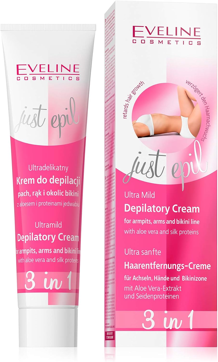 Eveline Cosmetics Just Epil Ultra-Gentle 3-in-1 Hair Removal Cream for Sensitive Areas with Aloe Vera & Silk Proteins, Smooth