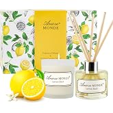 Reed Diffuser &amp; Candle Gift Set, Lemon Oil Diffuser for Bathroom Decor | Lemon Basil Candle &amp; Diffusers for Home Office Shelf Decor, Essential Oil Diffuser With 5 Sticks, Soy Canle In Glass Jar