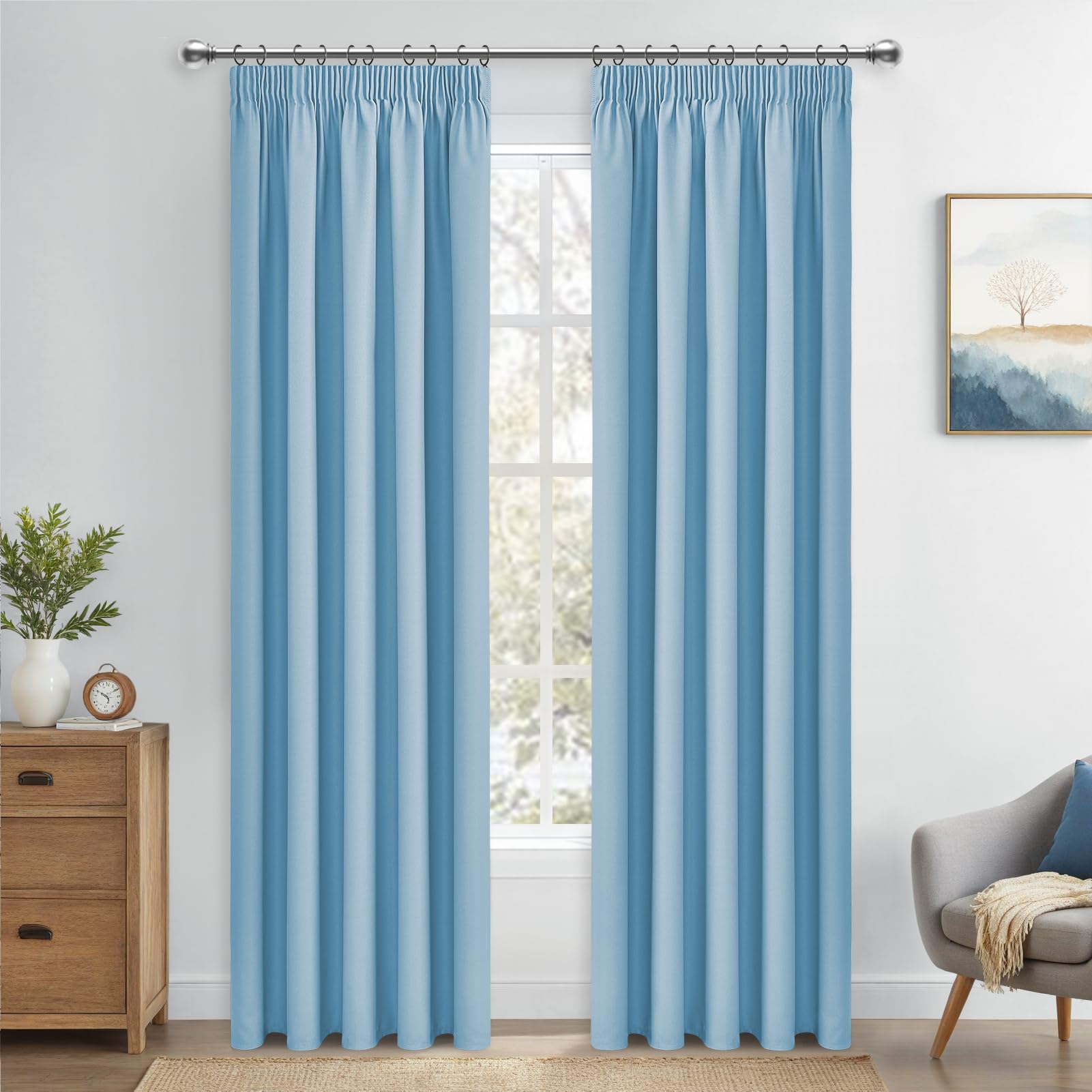 MRTREES Blackout Thermal Curtains 90 Inch Drop, Pencil Pleat Curtains for Bedroom Living Room Multiple Hanging Methods, 2 Panels 117x228 CM 46x90 Inch Sky Blue