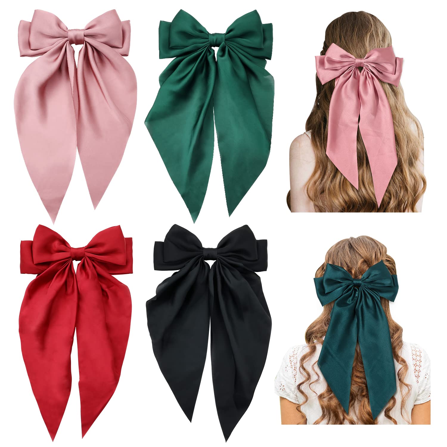 Cinaci 4 Pack Satin Silk Long Large Big Oversized Giant Bow French Barrettes Alligator Hair Clips Ponytail Holder Hair Accessories for Women Girls Teens