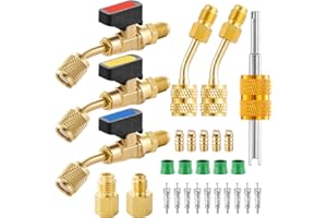 TIGBEAR AC Refrigerant Angled Compact Ball Valve Set, 10pcs Air Conditioning Refrigerant Ball Valve 1/4 with R410A Mini Split Adapters 5/16" Female to 1/4" Male (3PC Ball Valve + 2PC R410A Adapter)