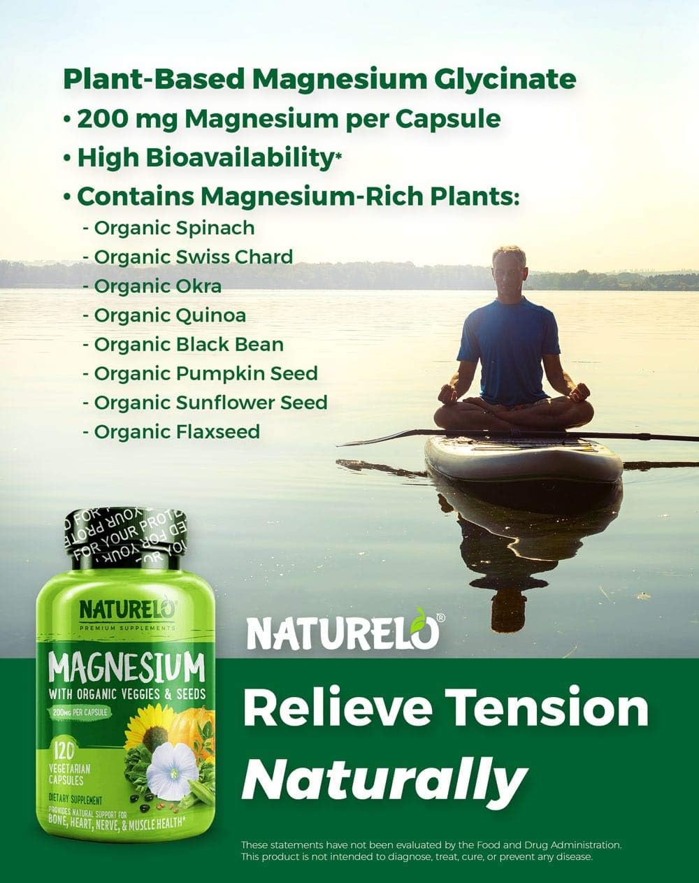 NATURELO Magnesium Glycinate Supplement - 200 mg Natural Glycinate Chelate with Organic Vegetables - Best for Sleep, Calm, Anxiety, Muscle Cramp & Stress Relief – Gluten Free, Non GMO - 120 Capsules: Health & Personal Care