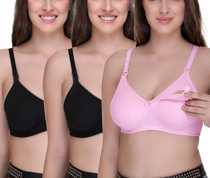 Women's Feeding Bra Full Cup Hosiery Cotton Breastfeeding Nursing Maternity (Multicoloured) Combo Pack of 3
