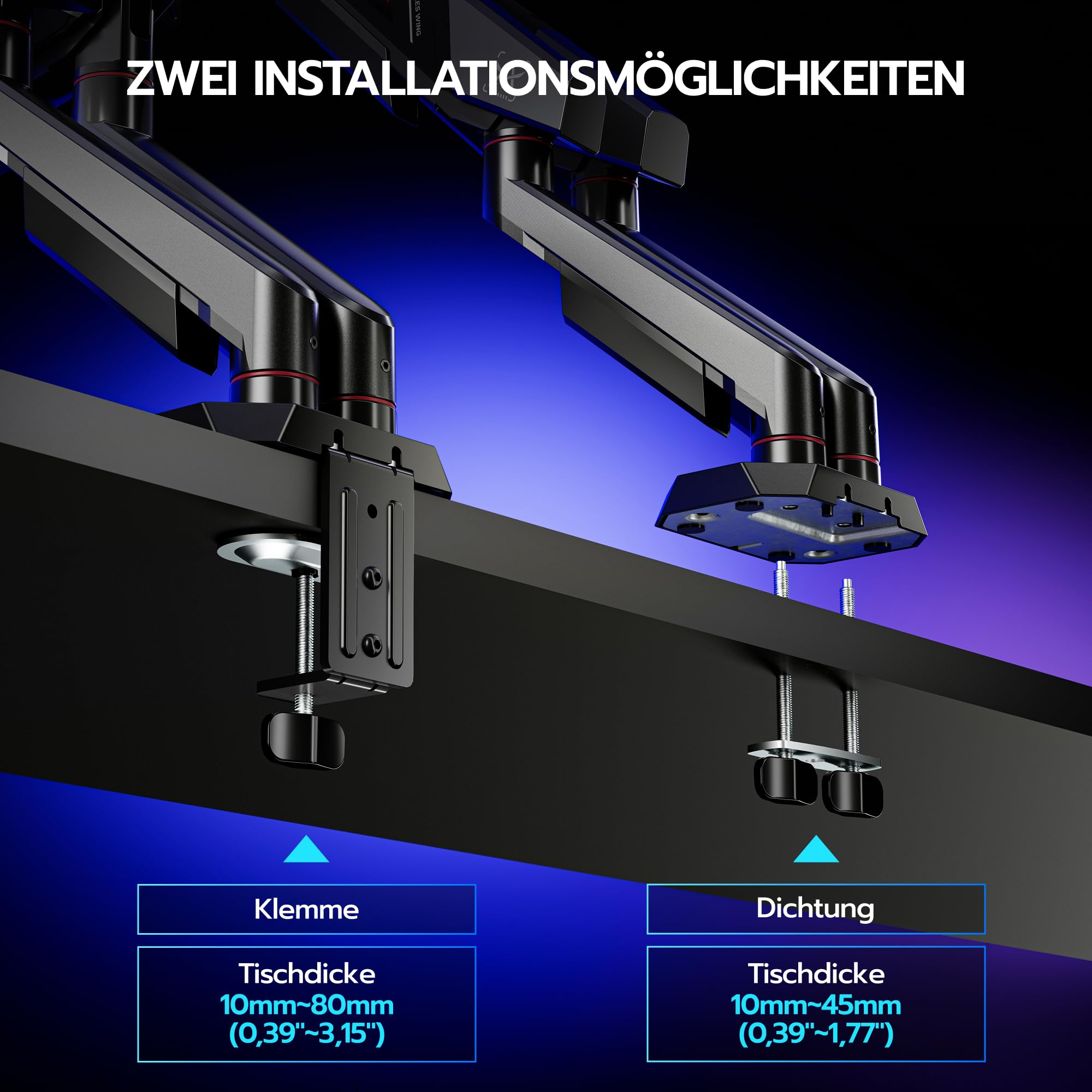 ARES WING Monitor Halterung 2 Monitore für 17–35" Bildschirme,Dual Monitorarm mit 2–12 kg Tragkraft,Bildschirmhalterung Höhenverstellbar, 75/100mm Vesa-Halterung,Schwarz 7