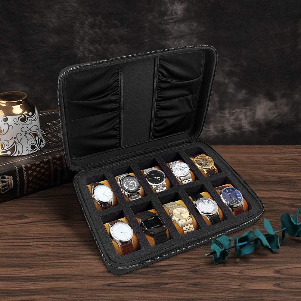 10 Slots Watch Box Organizer/Men Watch Display Storage Case Fits All Wristwatches and Smart Watches up to 42mm with Extra 4 Pocket for Watch Band and Other Accessories (Black)