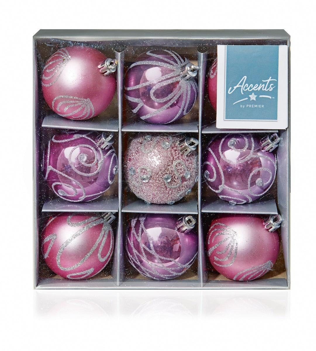 Set of 9 Pink Christmas tree baubles 6cm by Premier