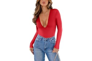 REORIA Women's Trendy Sexy Plunge Deep V Neck Long Sleeve Bodysuit Double Lined Going Out T Shirt Tops