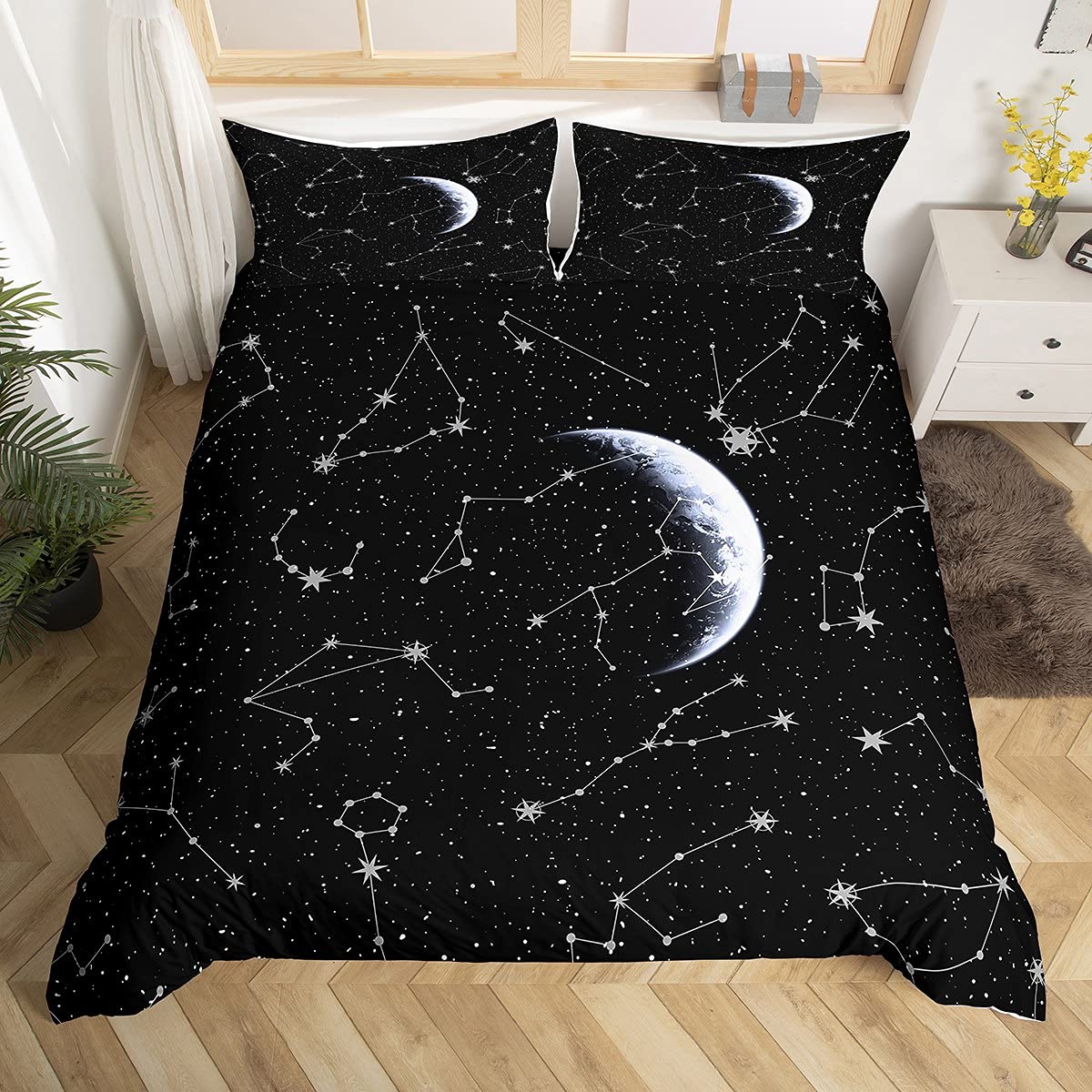 Loussiesd Constellation Bedding Set Zodiaced Comforter Cover for Kids Adult Galaxy Starry Sky Duvet Cover Black White Space Moon Stars Bedding & Linen 2Pcs With 1 Pillow Case Single Size — image 1