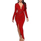 YMDUCH Women's Elegant Deep V Neck Long Sleeve Ruched Bodycon Split Party Maxi Dress