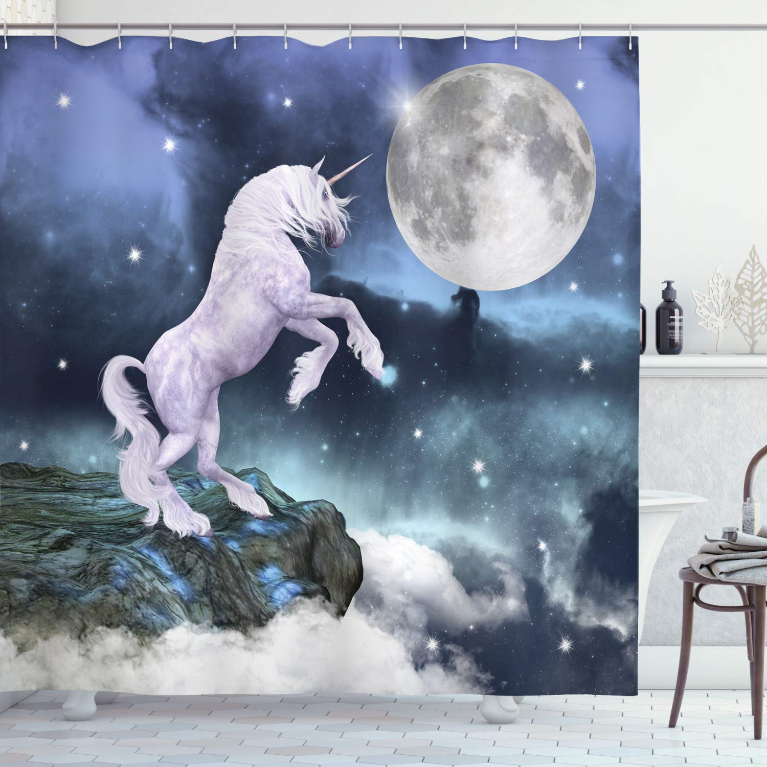 ABAKUHAUS Unicorn Shower Curtain, Creature up Cliffs Rocks in Full Moonlight Sky Fantasy Design Artprint, Cloth Fabric Bathroom Decor Set with Hooks, 78 Inches, Lilac Blue — image 1