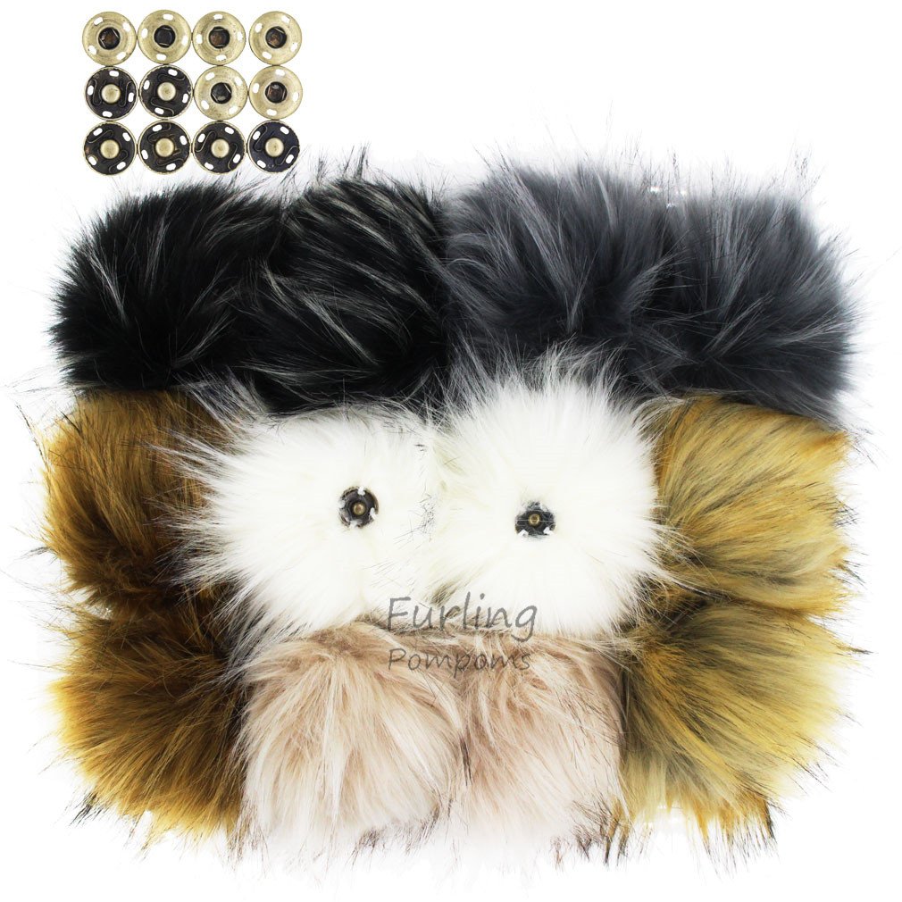 Furling Pompoms Pack of 12pcs Fluffy Faux Raccoon Fur Pom Poms Ball with Press Button for Knitting Hats 4.3 Inches (Popular Mix)