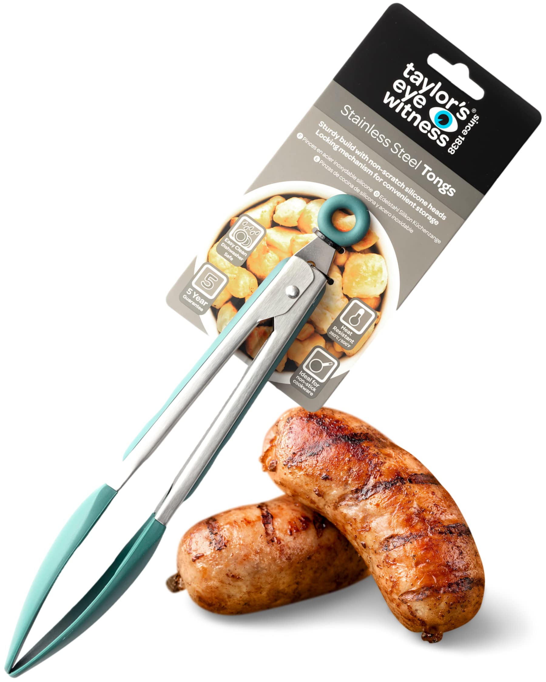 Taylors Eye Witness Large Steel Aqua Blue Silicone Tongs - Dishwasher Safe, Non-Scratch Heads, Locking Mechanism, Heat & Stain Resistant (260°C/500°F), 23cm (9 inches)