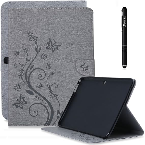 Slynmax Blume Schmetterling Tasche Schutzhülle für Kompatibel mit Samsung Galaxy Tab 4 10.1 T530 T535 Hülle Grau Smart Wallet