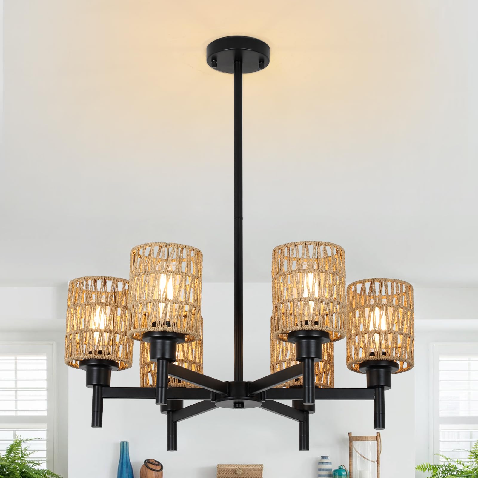 Photo 1 of Airposta Rattan Farmhouse Chandelier for Dining Room, Black Pendant Lights Kitchen Island Lighting, Boho Chandeliers Ceiling Hanging Lamp, Rustic Dining Room Light Fixture for Living Room Bedroom Hall