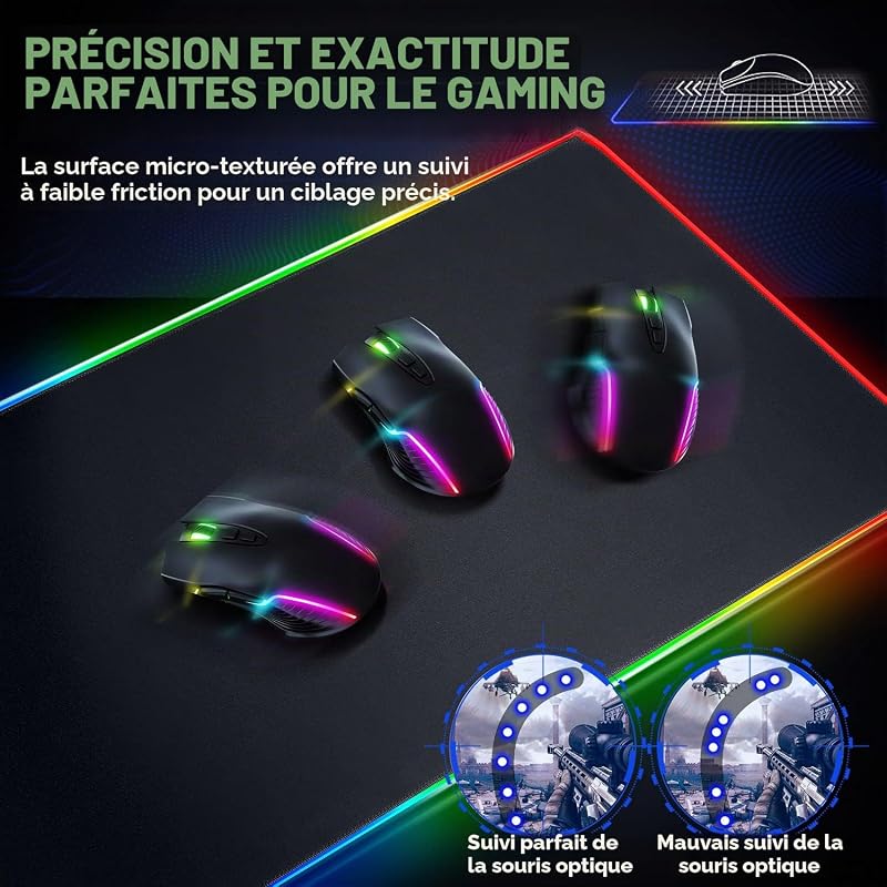 XXL Tapis de Souris RGB Gaming, Grand Tapis Souris avec 12 Modes d'Éclairage LED, Mouse Pad avec Tissu Micro-Tissé, Tapis Épaissi de 5 mm pour Gamer, Bureau,800 x 300mm