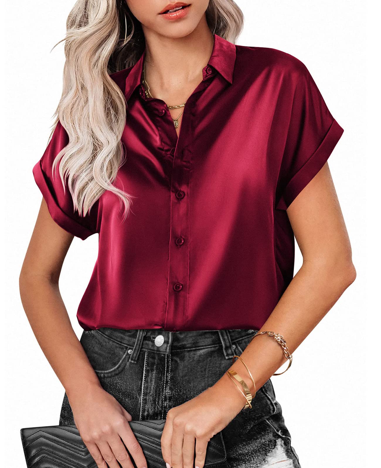 Photo 1 of *MINOR DAMAGE - USED*
MINTLIMIT Silk Blouse for Women Short Sleeve V Neck Button Down Shirt Summer Casual Satin Blouses Top