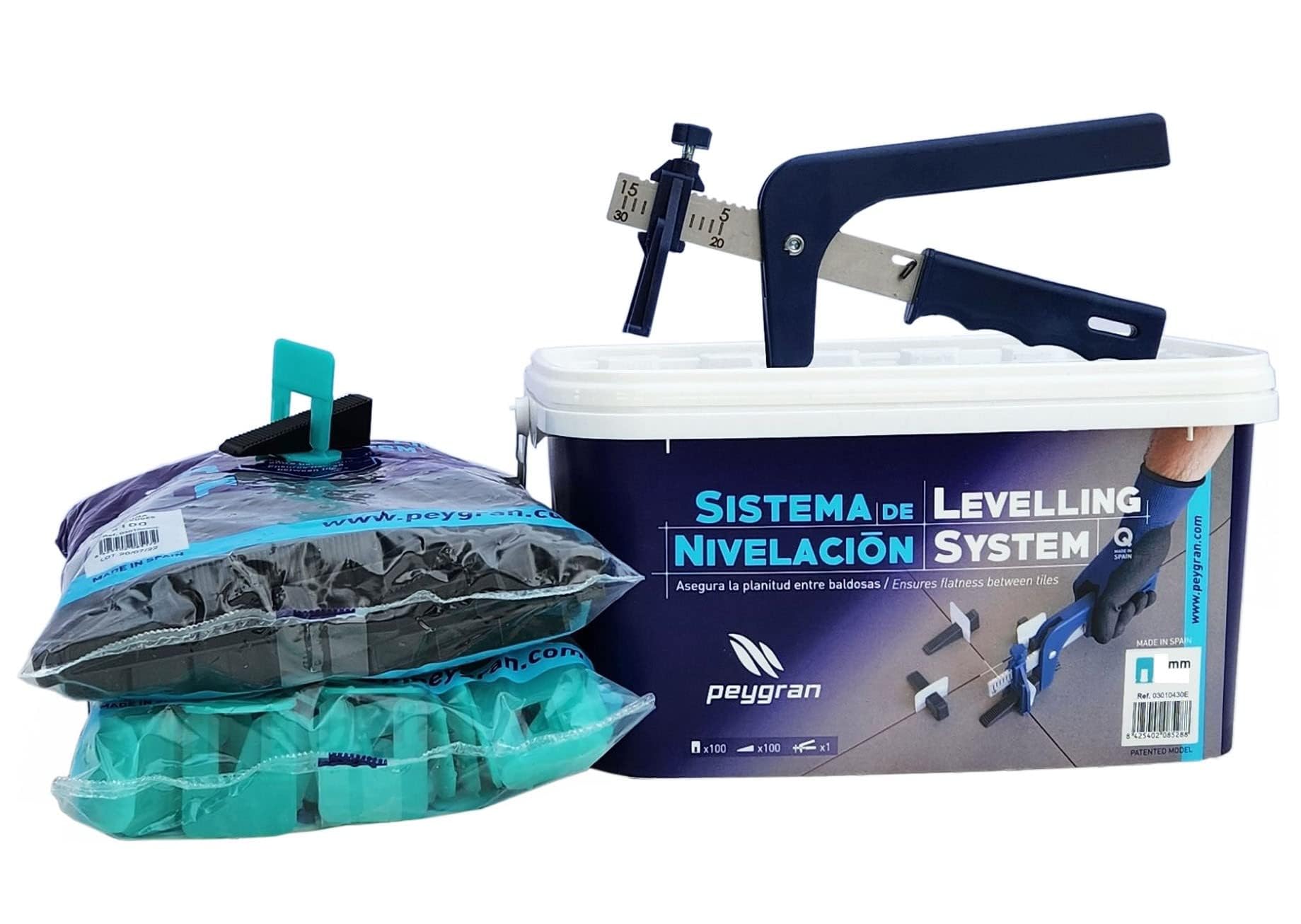 1/16"- 2mm Peygran Tile Leveling System Kit: 100 CLIPS/Spacers + 100 WEDGES + PLIERS/Tool in a heavy duty bucket. WORLD'S STRONGEST and COMPLETE product for lippage- tile installation