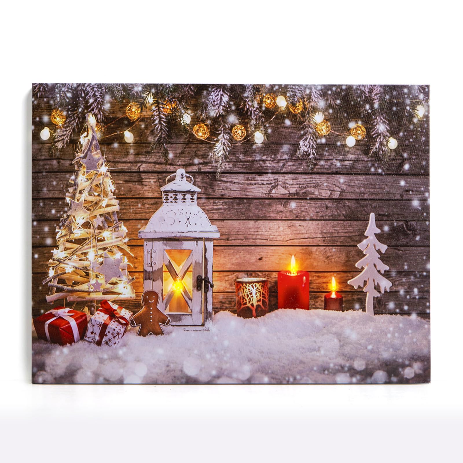 NIKKY HOME Decorative Christmas Tree and Snow Light up Christmas Canvas Wall Art Print Picture