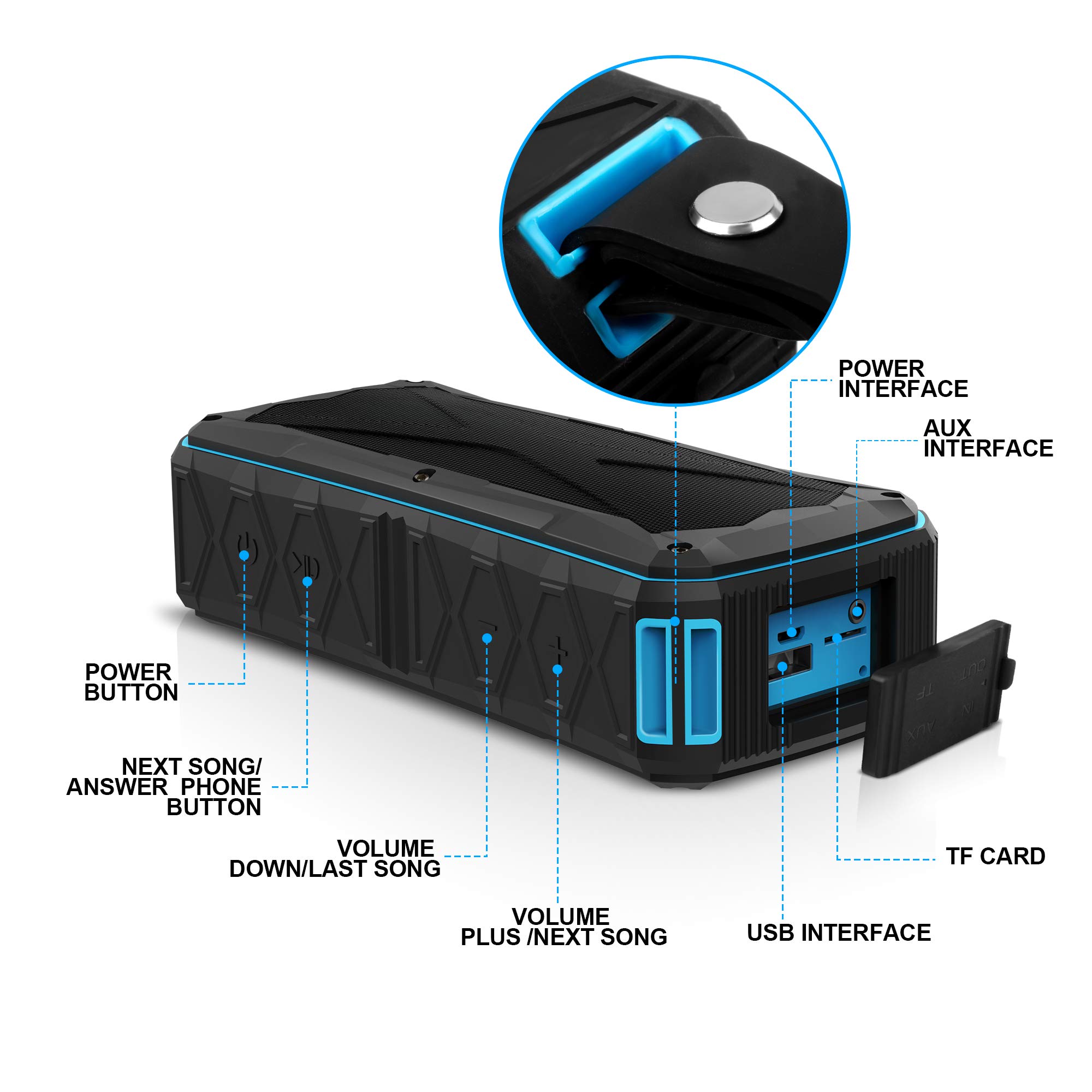 Portable Bluetooth Speaker Waterproof IP67,20W Stereo Pairing,12H Playtime Enhanced Bass Wireless Outdoor Speakers with Built-in Mic and Power Bank for Party,Travel,Camping,Beach,Shower (Blue)