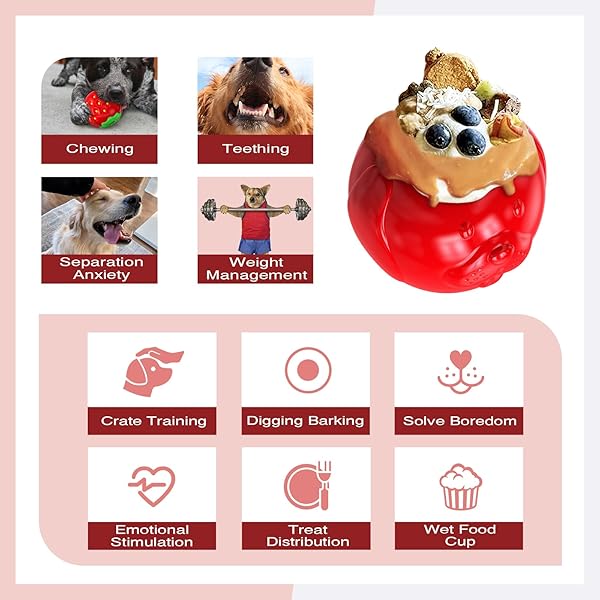VEPOUYU DOG TOYS FOR AGGRESSIVE CHEWERS – TREAT-FILLING TOUGH DOG CHEW TOY STRAWBERRY, DURABLE DOG TOYS FOR LARGE, MEDIUM, AND SMALL DOGS, PUPPY TOYS, ANXIETY RELIEF TOYS FOR DOGS