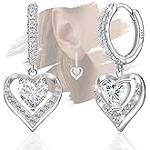 Heart Dangle Hoop Earrings for Women - Sterling Silver Cubic Zirconia Double Love Heart Shaped Hoop Charm Earrings Hypoallergenic Nickel Free Sparkle CZ Loop Dangling Earring Classic Jewelry Gifts
