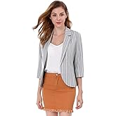 Allegra K Women's Striped Open Front Work Office 3/4 Sleeves Casual Notched Lapel Blazer