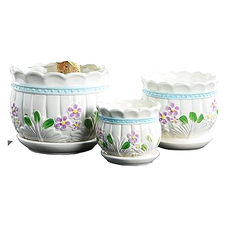 PEPUP Ceramic Plant Container Purple Flower Pot (Large - 17 cm, Medium - 14 cm & Small - 10 cm) for Indoor Plants (Set of 3) with Water Drain Hole and Attached Bottom Tray