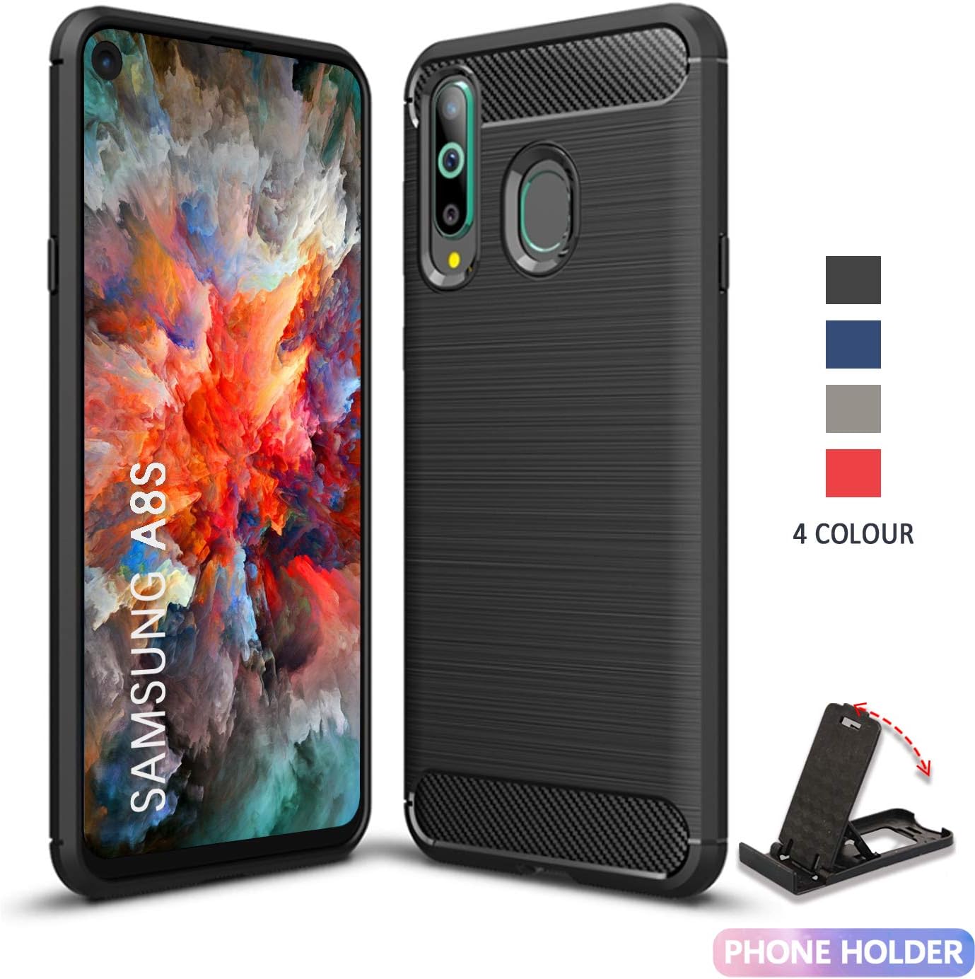 SCL [Black] Case for Samsung Galaxy A8S, Carbon Fibre Effect Gel Grip Protection Cover [Anti Scratch][Anti Collision] Compatible with The Samsung Galaxy A8S
