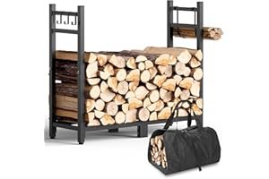Brightown 34inch Firewood Rack Indoor with Log Carrier, Outdoor Wood Rack for Firewood,Fire Wood Storage with Kindling Hooks, Adjustable Pads, Heavy Duty Logs Holder for Fireplace Deck Outdoor, Black