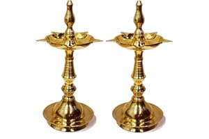 CRAFTSMAN SATVIK 10 Inch Standing Brass Metal Kerala Samai Diwali Deepak for Puja Traditional Panchmahal Pooja Deepam Diya Oil Lamp Kutthu Vilakku Dia Deepawali Indian Gift Item Pack of 2