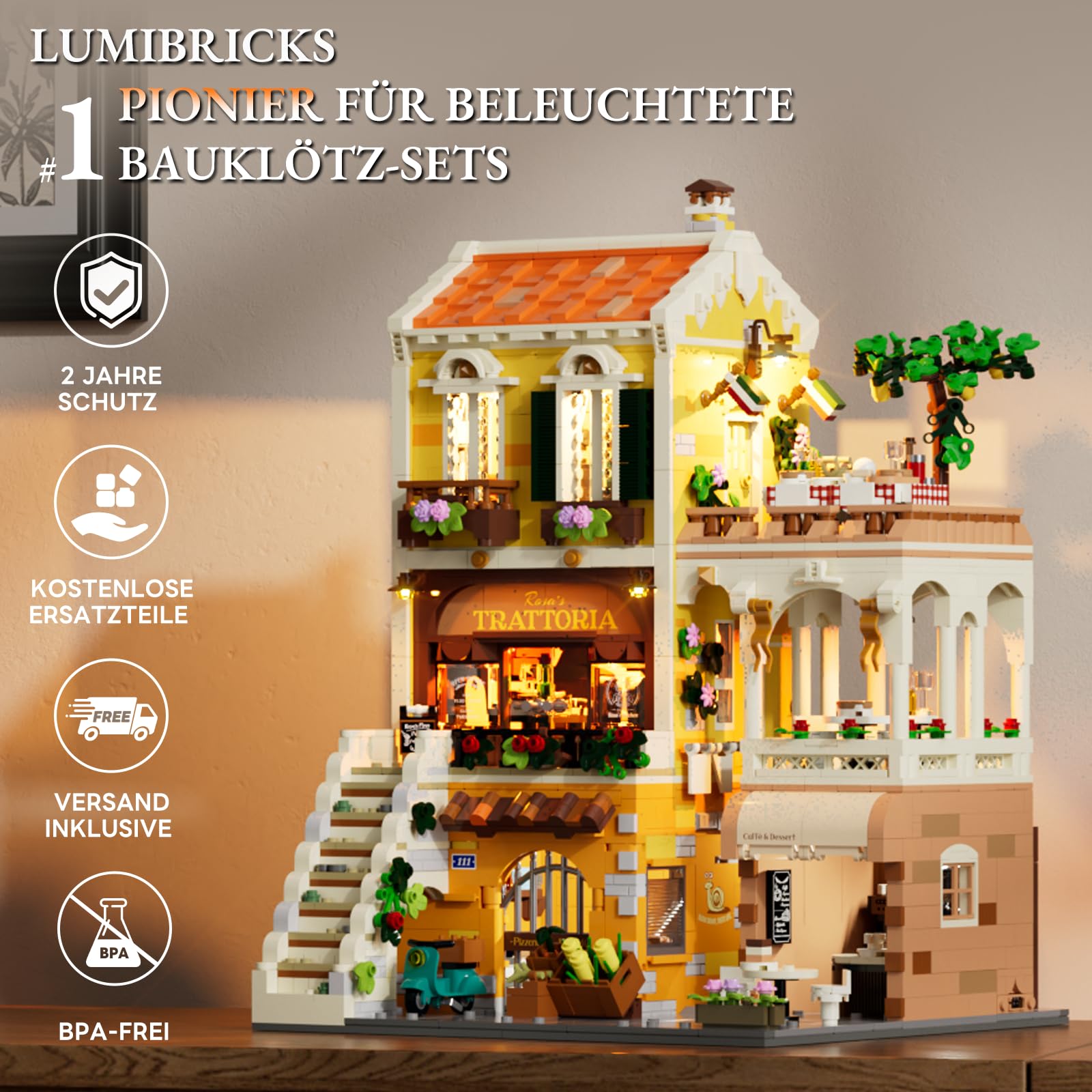 Lumibricks Italienisches Familienrestaurant Klemmbausteine mit Licht, Modular Building mit Pizzeria & Café, 2868PCS,Mediterrane Wohn Dekor, Geschenk für Food- & Baustein-Fans 8